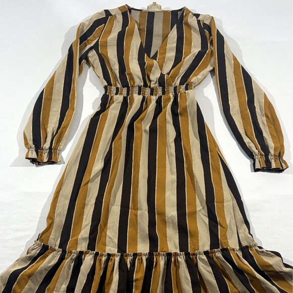 Sezane Titiane 3/4 Sleeve Striped V Neck Midi Dress in Hazel Tan Stripe 34 US 2 - Picture 3 of 13